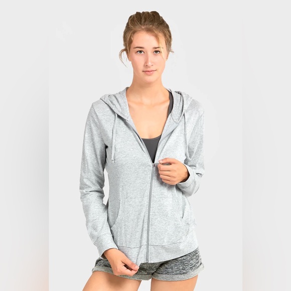 LADIES LIGHTWEIGHT FULL ZIP UP HOODIE SWEATSHIRT HEATHER GREY X-LARGE - Picture 2 of 4